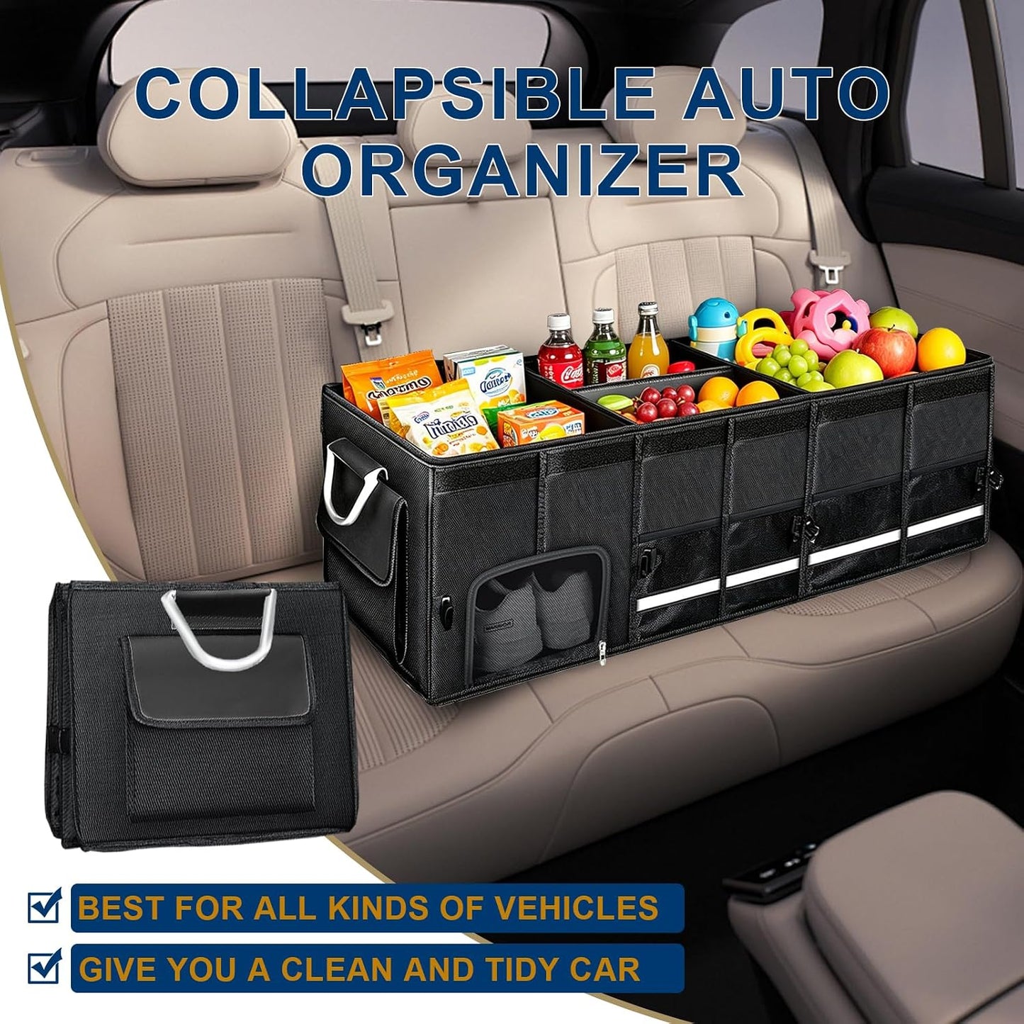 Car trunk organizer, Collapsible Multi-Compartments Car trunk Organizer with Shoes Storage Space, Reflective Strip, Perfect for Car & SUV (34.5 * 13.8 * 11.8 INCH)