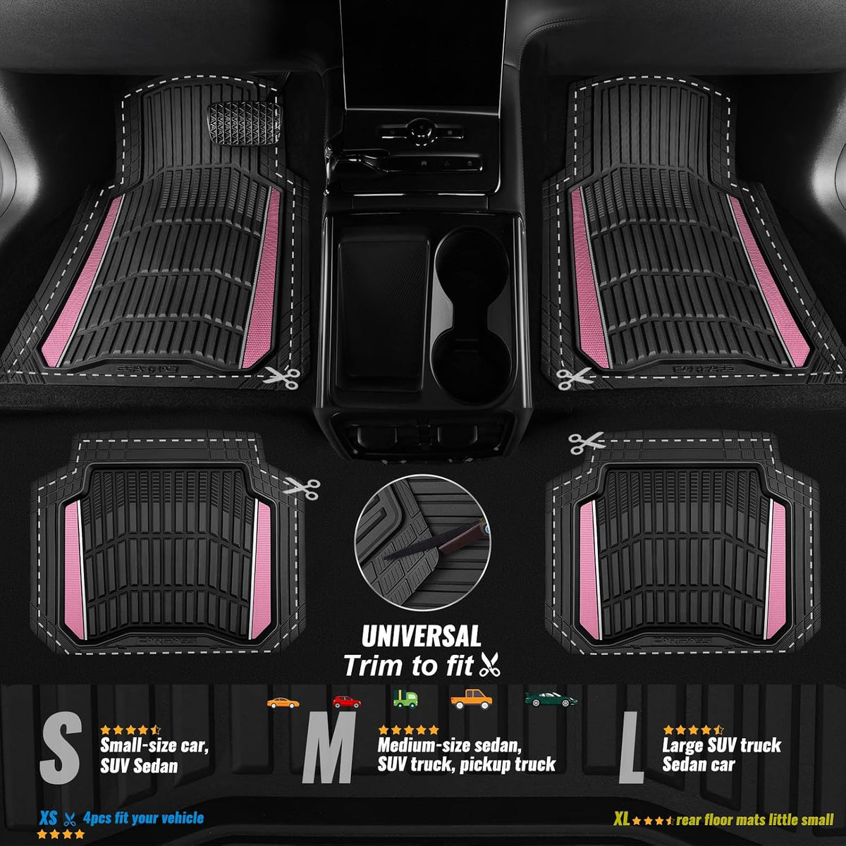 CAR PASS Heavy Duty Rubber Car Floor Mats, Deep Waterproof Car Floor Mats All Weather, Aluminum Film Floor Mats for Cars Non-Slip Universal Trim to Fit for SUVs Trucks Sedans Vans, Black Pink Metallic