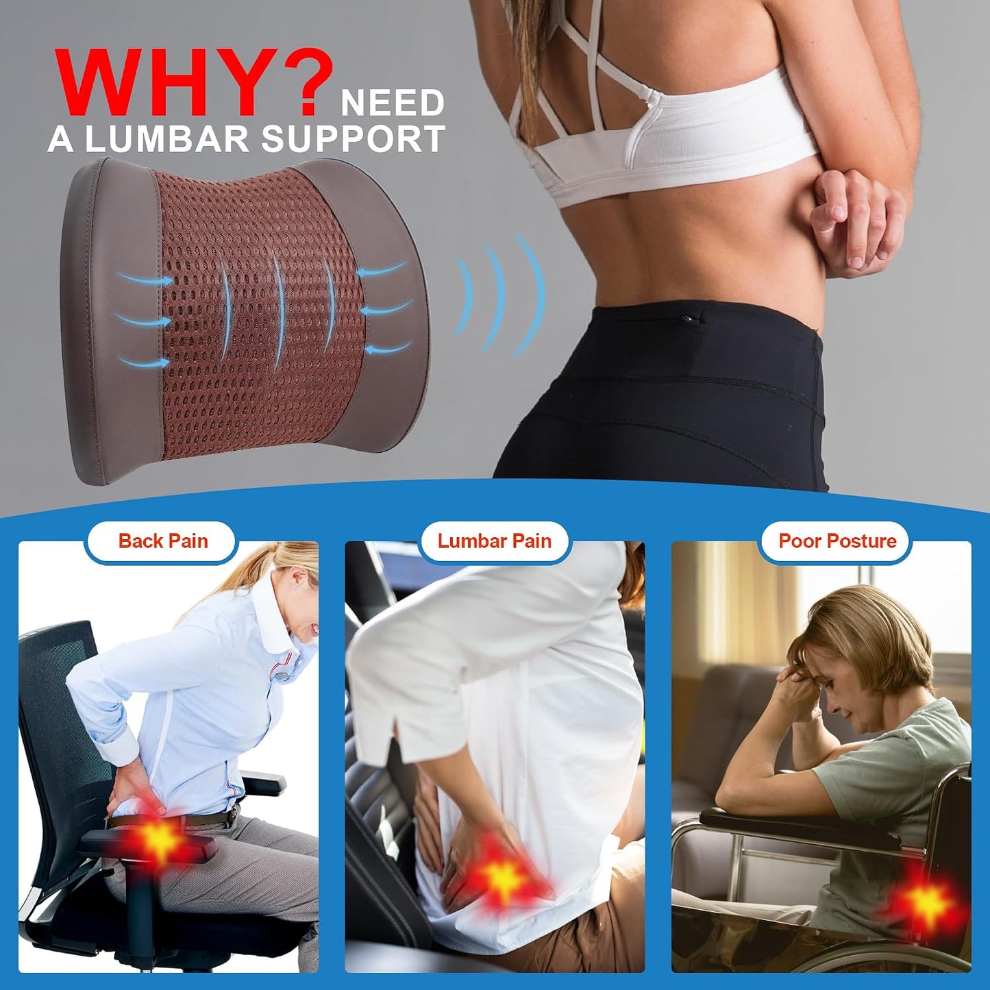 Lofty Aim Lumbar Support Pillow for Car, Car Seat Back Support for Driving | Memory Foam Car Lumbar Support for Driving, Car Back Cushion, Adjustable Straps, Lower Back Pillow, Breathable 4D Mesh, Brown