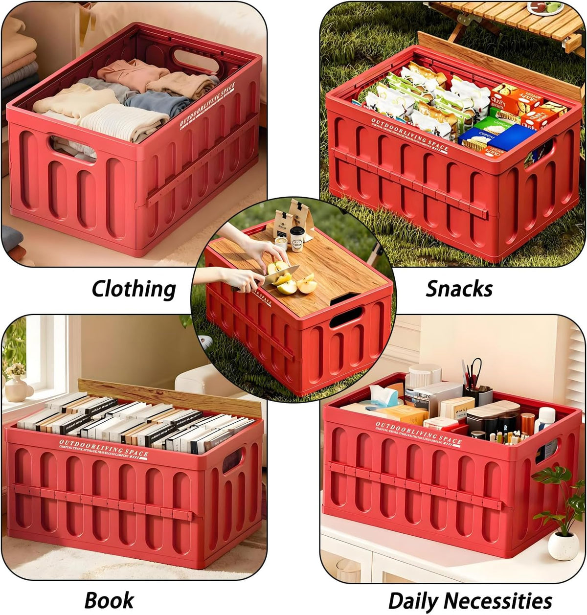 Collapsible Storage Bins Box with Lids and Handle, 25L Portable Storage Crate Containers Totes, Stackable Foldable Camping Basket Supplies for Camp Fishing,Car RV, Office, Outdoor (Red, 16.14")