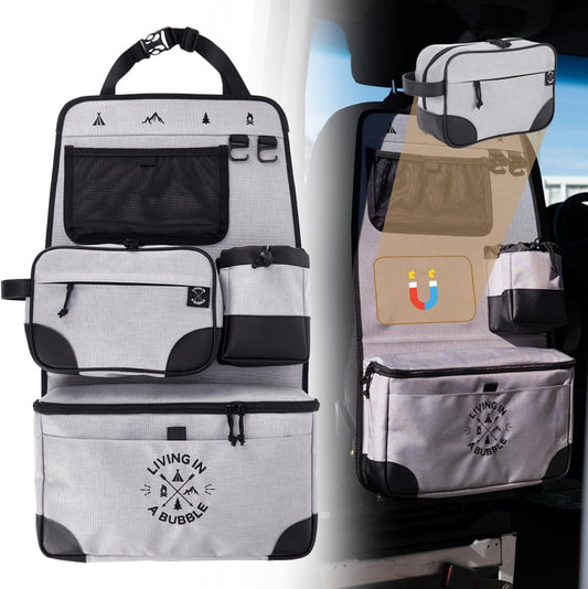 Living in a Bubble Seat back Organizer – Magnetic Toiletry and Cooler Pouch, Cordura Car Backseat Storage with Device Holder & Hooks, Multi-Compartment Utility Bag for Campervans & Family Travel