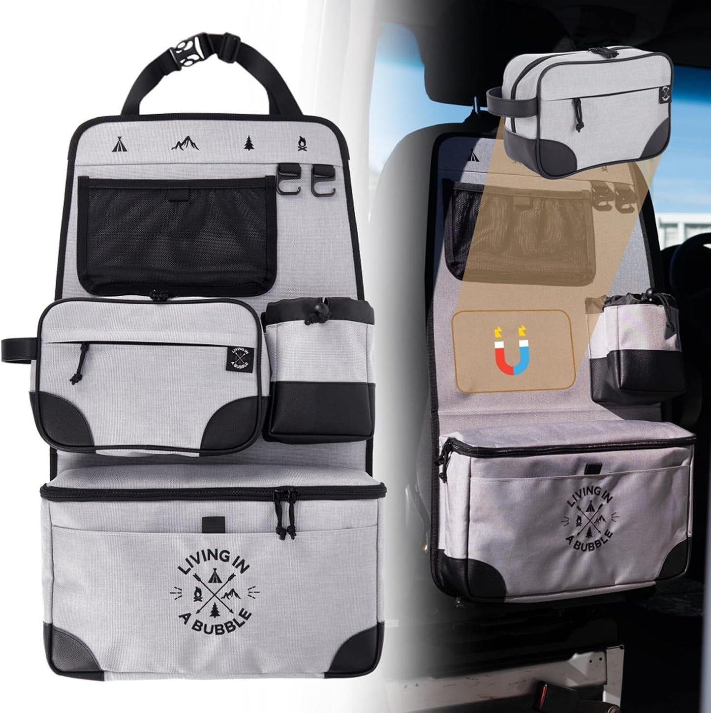 Living in a Bubble Seat back Organizer – Magnetic Toiletry and Cooler Pouch, Cordura Car Backseat Storage with Device Holder & Hooks, Multi-Compartment Utility Bag for Campervans & Family Travel