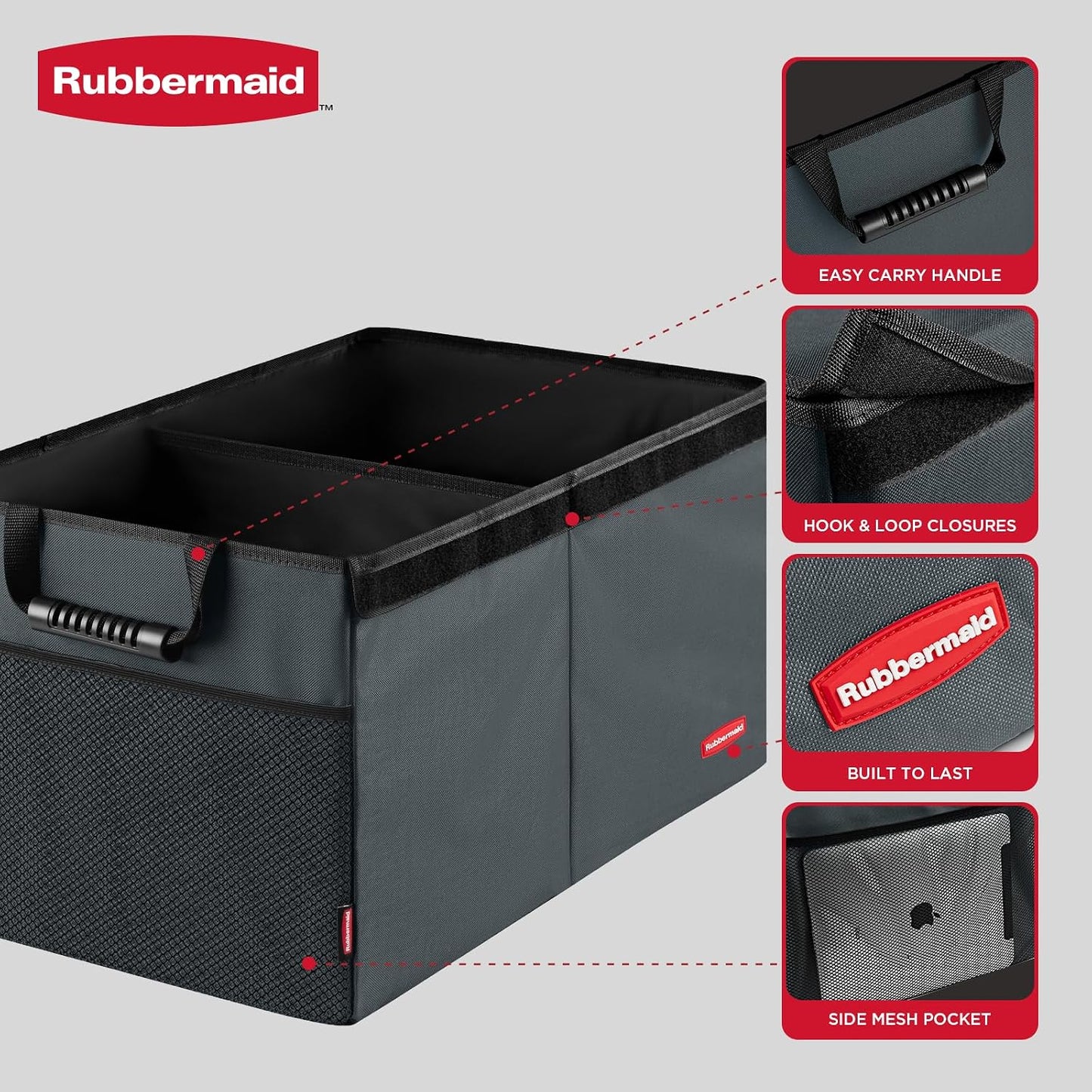 Rubbermaid Car Organizer, Collapsible Trunk Organizer, Multi-Compartment Car Storage Organization for Car Accessories, 2 Compartments With Cover, 21.65"*14.17"*12.2" - Gray