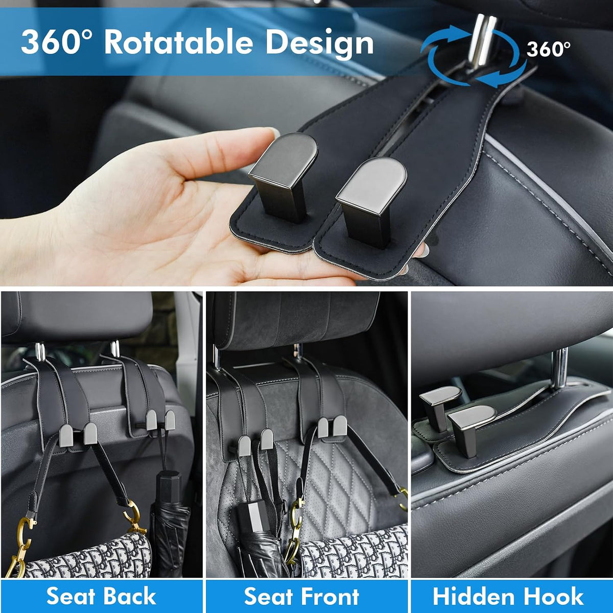 Car Hooks for Headrest, Leather Car Seat Back Storage Organizer Interior Accessories, More Wide & Deep Auto Seat Hook Hangers for Purse Umbrellas Handbag Clothes Coats Grocery Bags (Black-4 Pack)