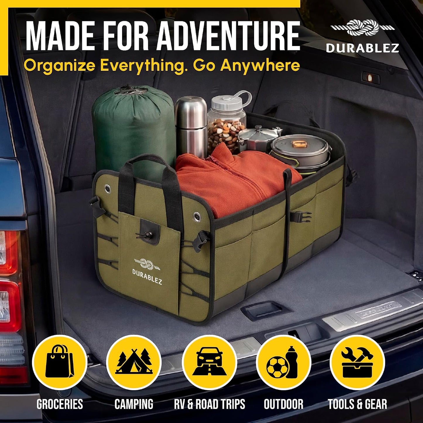 Heavy Duty Foldable Trunk Organizer 2-Section – Dual-Compartment Car Cargo Box with Non-Slip Pads & Removable Dividers – Green