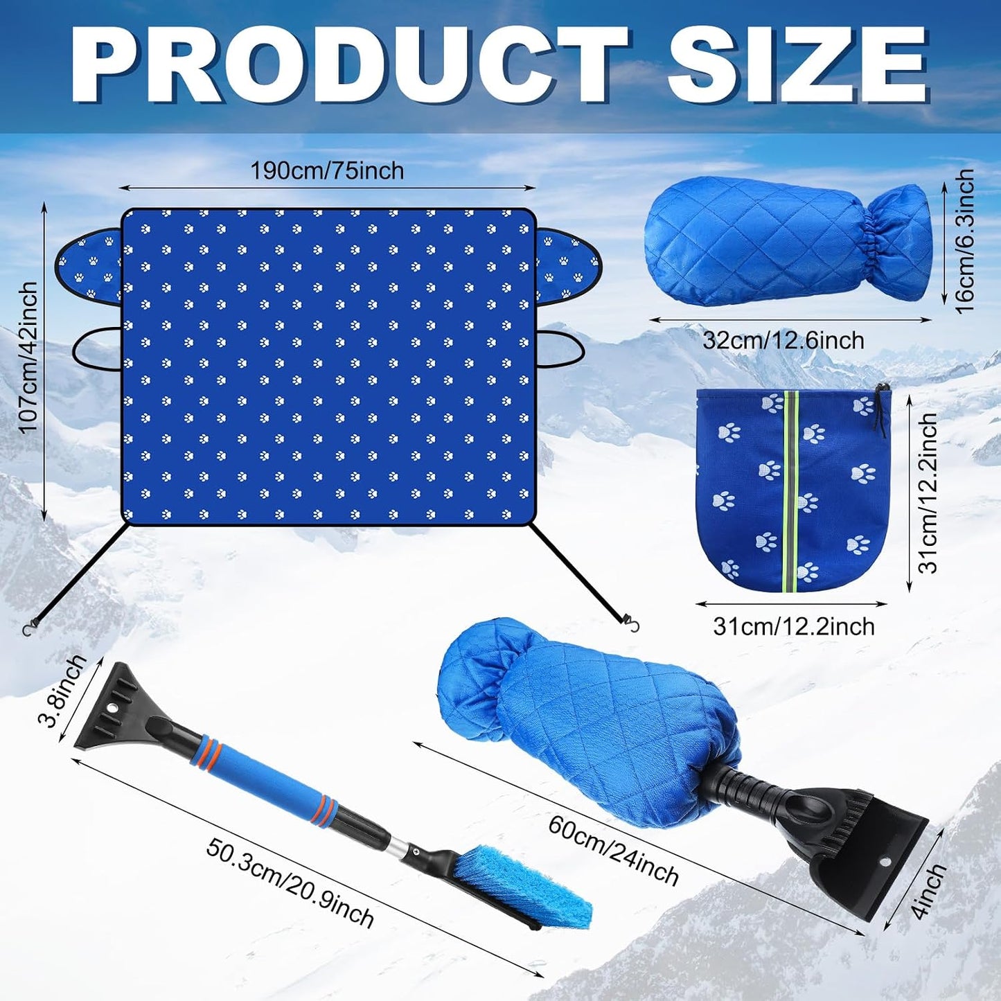 Tallew 5 Pcs Windshield Cover for Ice Kit Winter Windshield Snow with Side Mirror Cover Ice Snow Scraper, Brush and Glove Waterproof Frost Removal Guard Wiper Protector