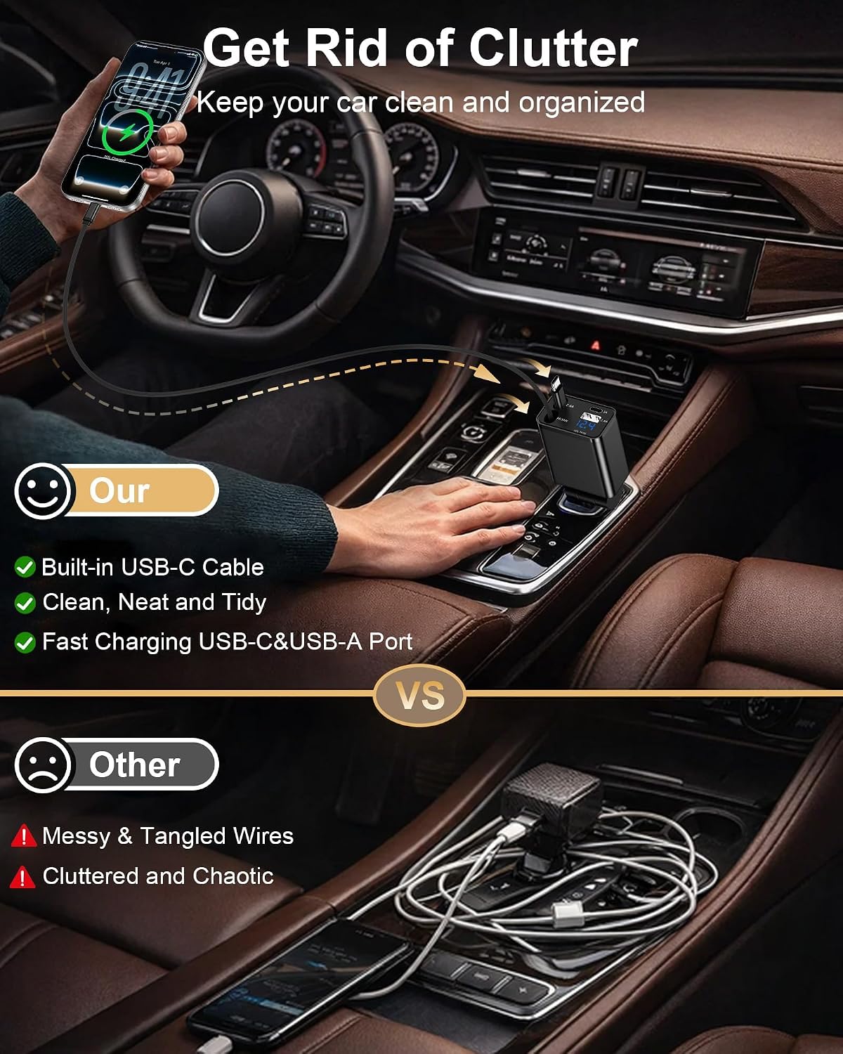 Retractable Car Phone Charger for Samsung S26 Android Fast USB C iPhone 18