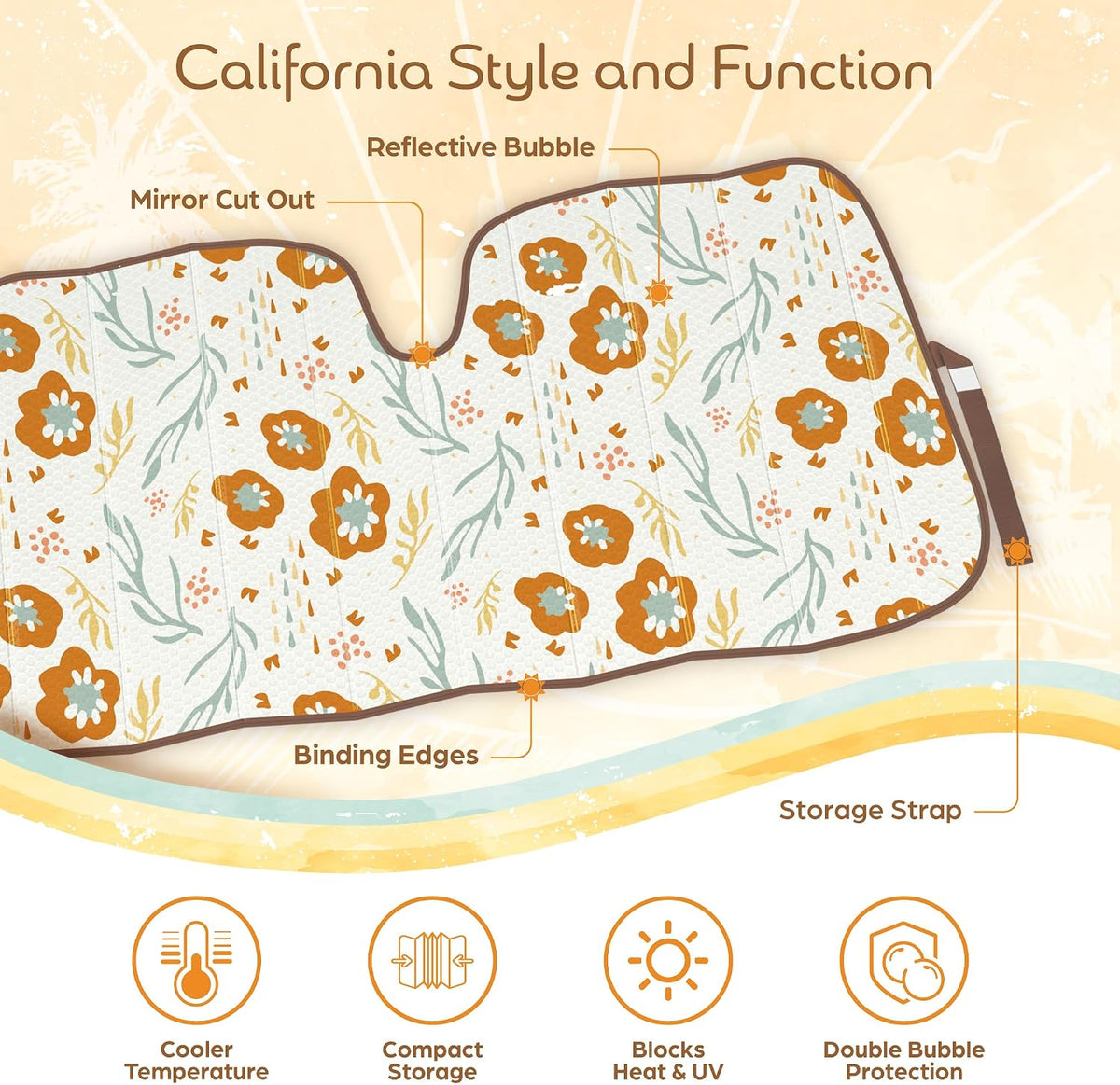 Carbella Orange Floral Car Windshield Sun Shade - Sun Visor Sunshade for Car Windshield - Window Shades for Cars, SUV & Truck - Dash Cover UV Protection for Front Window Shade Accessories - 57" x 27"