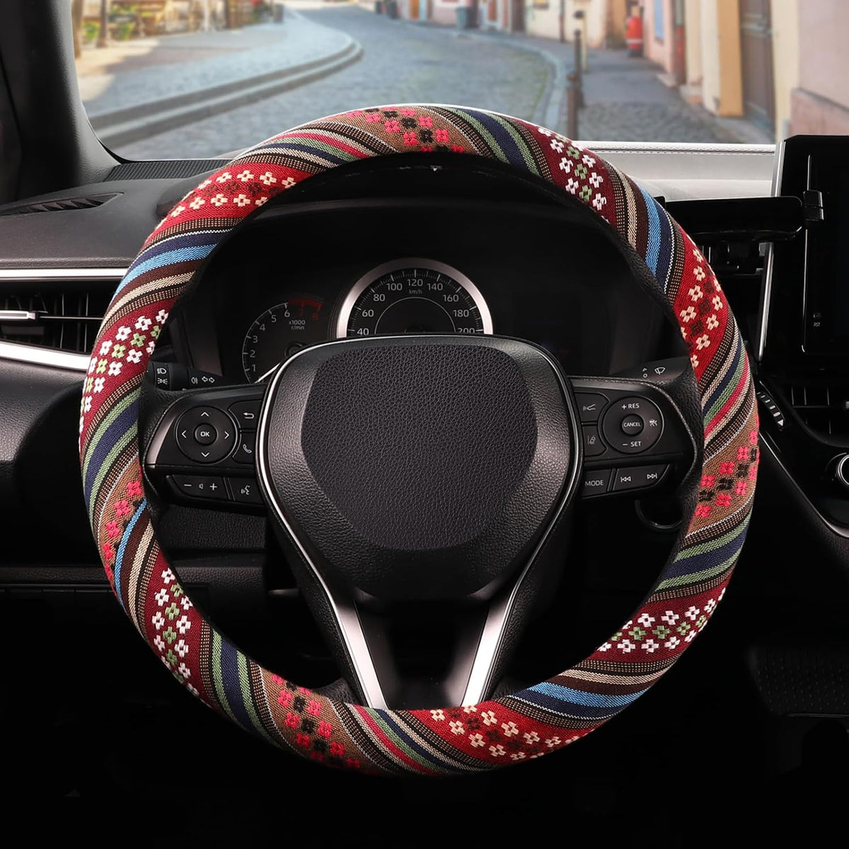 SEG Direct Boho Steering Wheel Cover, Baja Blanket Cloth, Coarse Flax