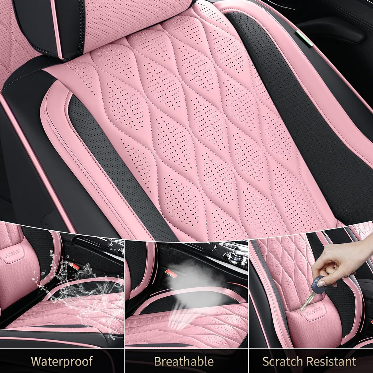 FLORICH Seat Covers Front Pair Pink Car Seat Covers Leather Car Seat Cover Waterproof Automotive Seat Covers Vehicle Seat Interior Cover Universal Fit for Most Cars Sedans Trucks SUV, Black&Pink