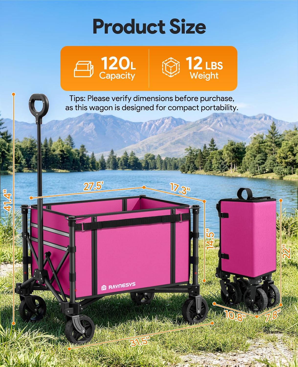 Collapsible Wagon with Wheels,120L Wagon Cart for Camping Groceries Beach | 220lbs Capacity Wagon Carts Foldablet,Smallest Folding Size,Lightweight Portable,Adjustable Handle,Transport long items
