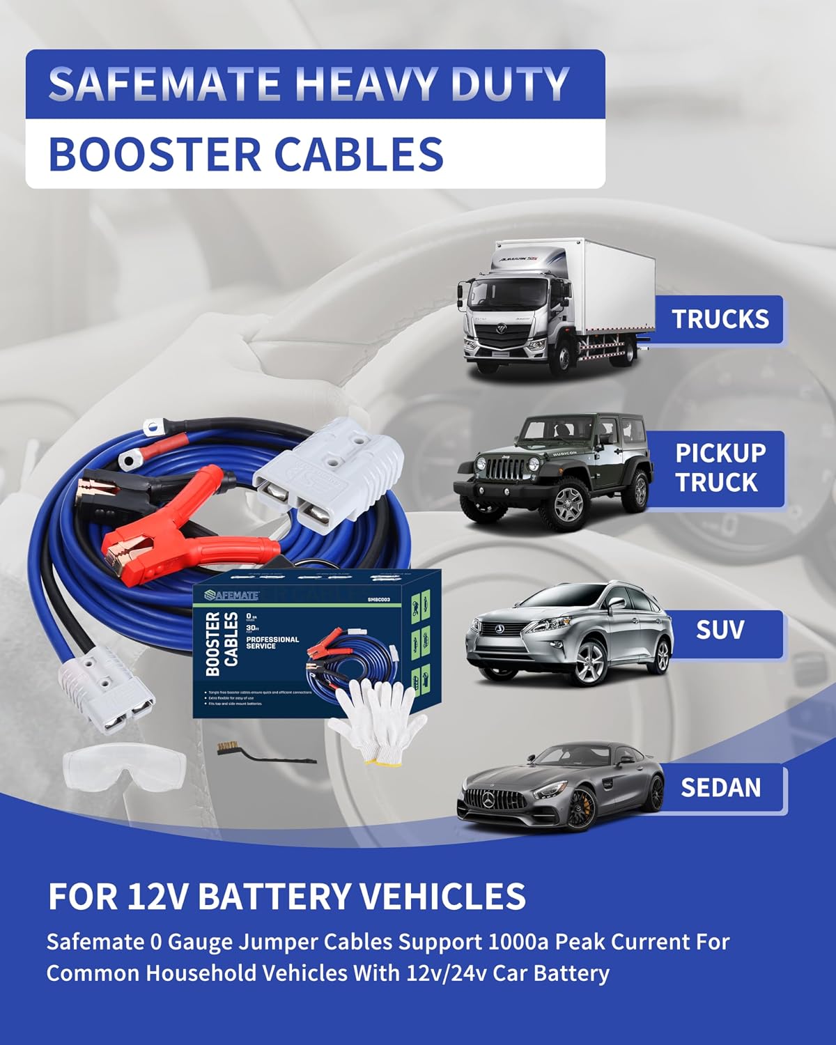 SAFEMATE 0 Gauge 30FT Quick Connect Heavy Duty Jumper Cables