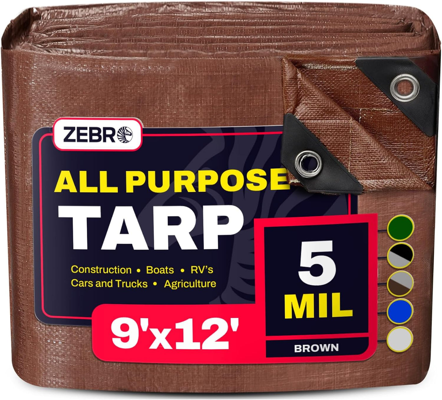 9' x 12' Brown Tarp with Grommets Reinforced - 5 Mil Thick - Durable UV Resistant Plastic Tarps Waterproof - Large Tarpaulin Cover for Outdoor Camping Over/Under Tent Tarp RV Roof Rain - Zebro