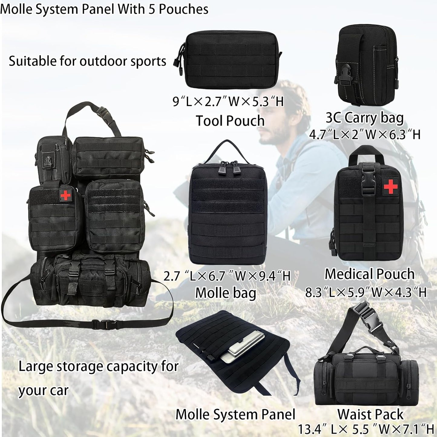 7 PACK Tactical Car Seat Back Organizer With 5 Detachable Pouches Upgrade Tactical Molle Vehicle Panel Organizer Universal fits for Most of Car Truck Ford Jeep Vehicle