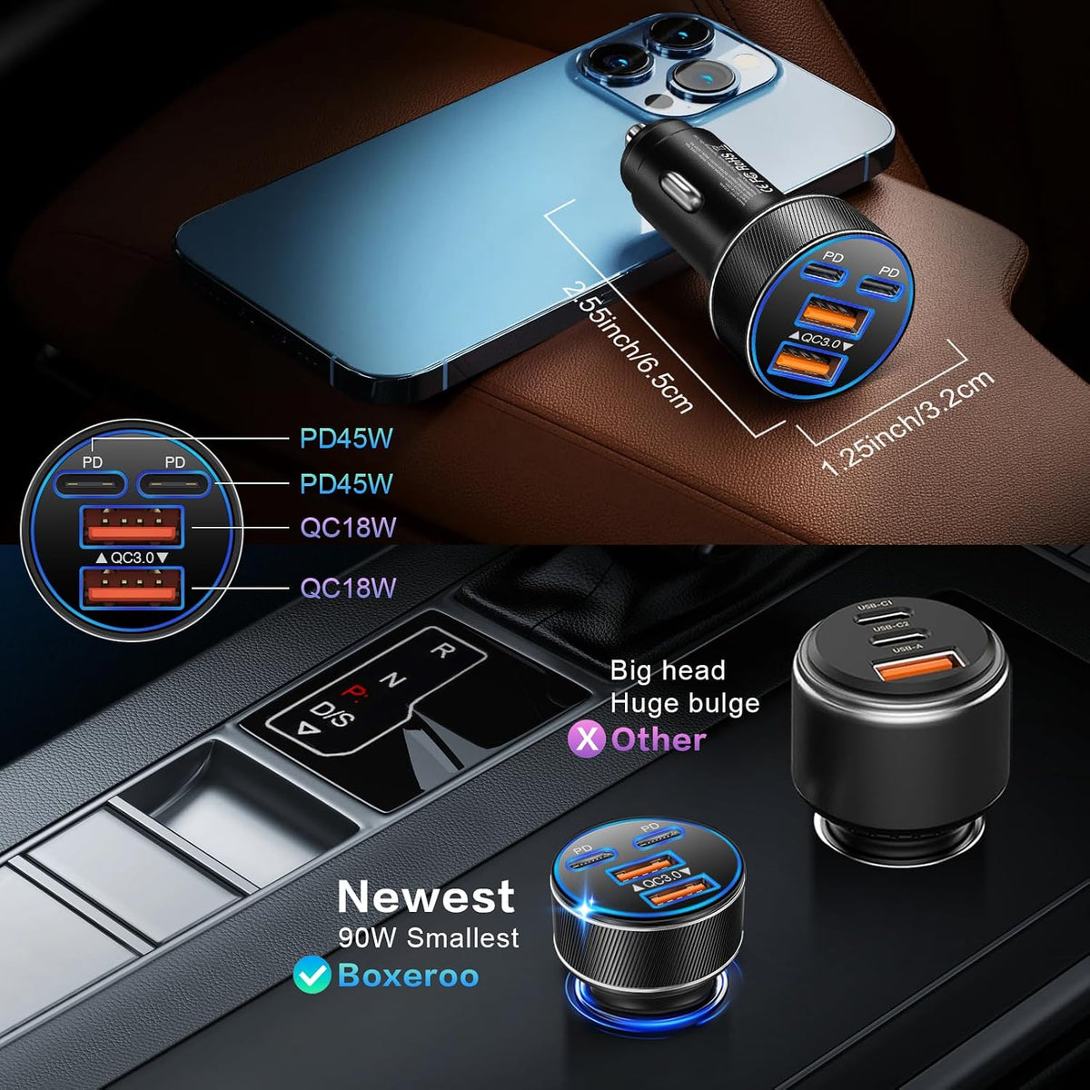 USB C Car Charger, Multi Port 90W Fast Charging Cigarette Lighter Adapter