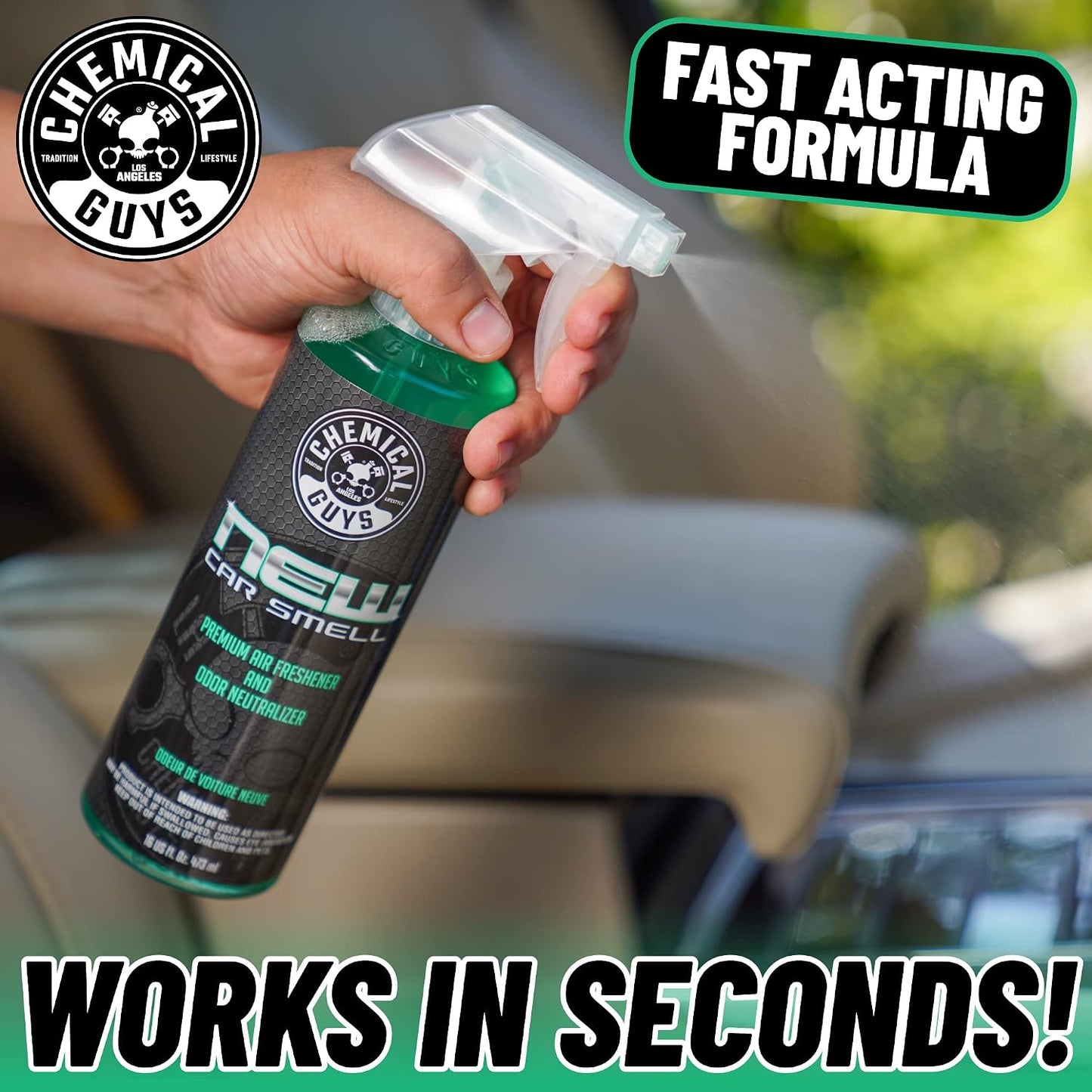 Chemical Guys New Car Scent Air Freshener and Odor Eliminator, 16 fl oz with 3 Pack of Hanging Air Fresheners (Great for Cars, Trucks, SUVs, RVs, Home, Office, Dorm Room & More) - HOL459