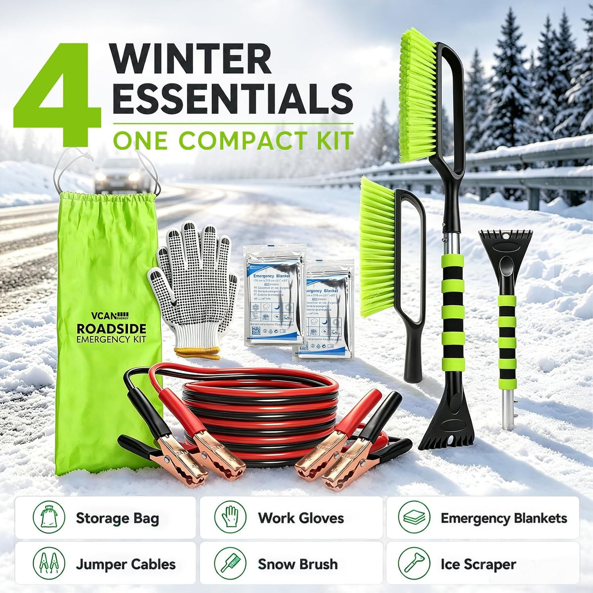 Winter Car Emergency Kit with Jumper Cables, 2-in-1 Detachable Snow Brush