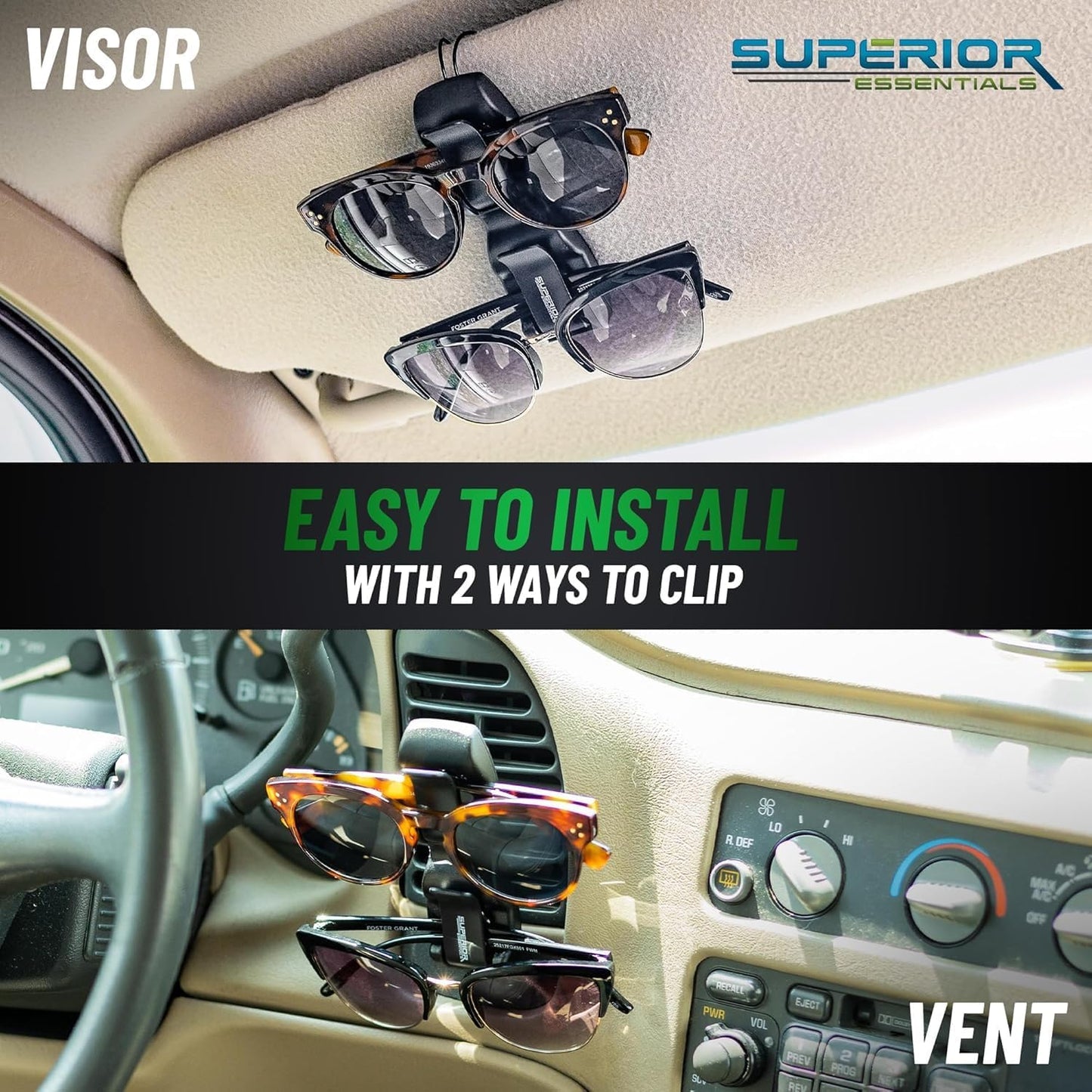 SUPERIOR ESSENTIALS Sunglass Holder for Car Visor Clip - Sun-Glasses Holder and Ticket Card Clips - Car Visor Accessories - Luxury Eyeglass Car Mount (Pack 2)