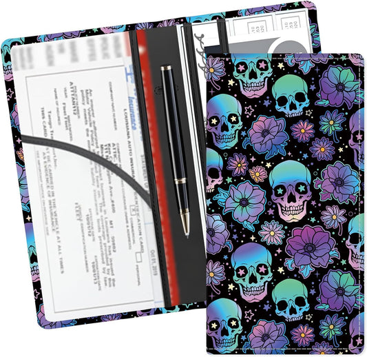 Leather Car Registration and Insurance Card Holder, Cute Car Accessories Vehicle Glove Box Car Organizer for Documents, Cards, License Colorful Skull Floral