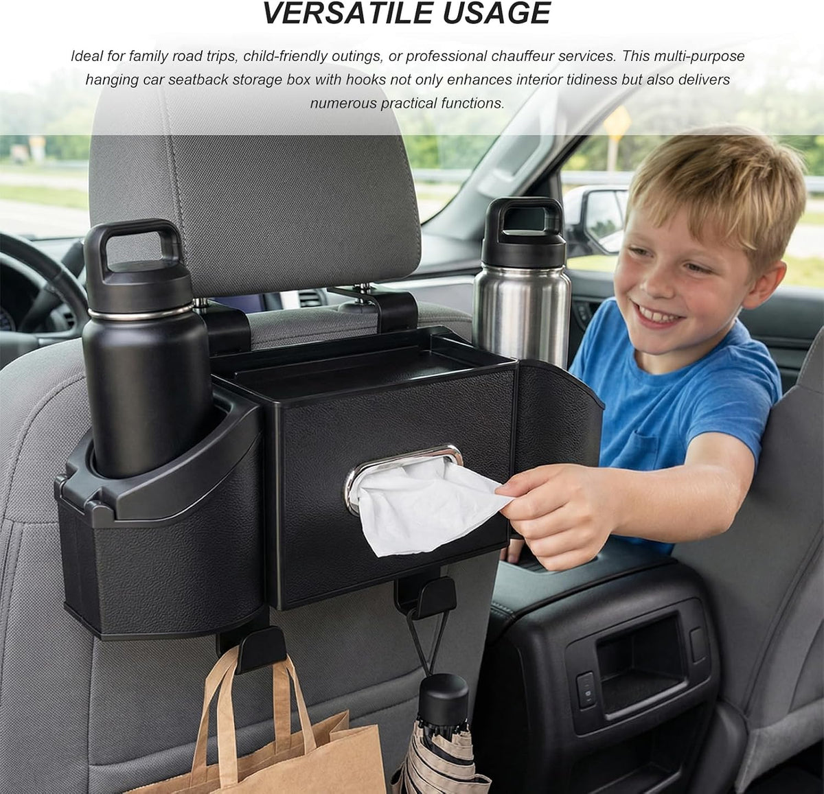 Car Backseat Organizer, 7-in-1 Auto Seat Back Drink Cup Holder Organizer with Tissue Box & Hooks, Multifunctional Vehicle Headrest Storage Box for Hold Phone Snacks Drinks (Gray)