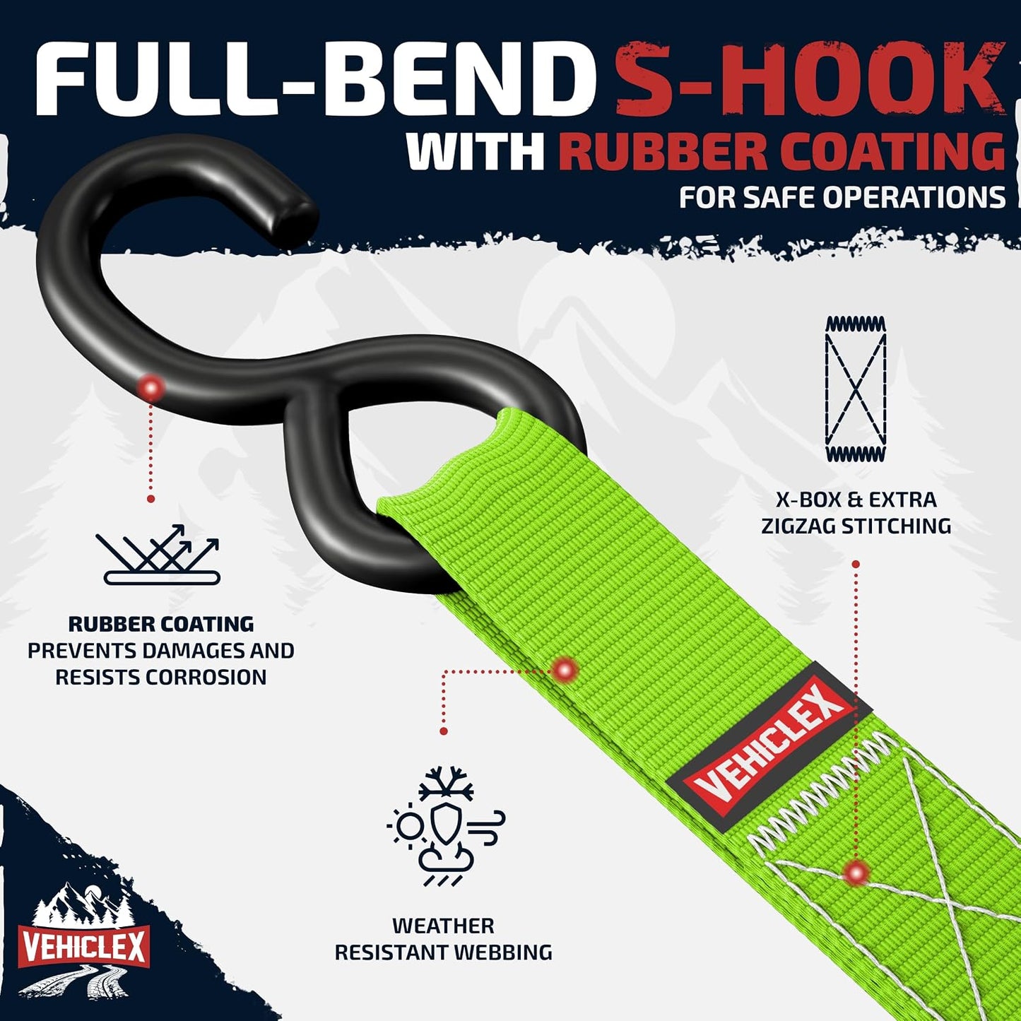 Ratchet Tie Down Straps (1,800 lbs Break Strength) - Vehiclex 15 Ft Versatile Straps for Powersports, Garage, and Outdoor Use - Soft Loops, Deep S-Hooks & Comfort Grip Handle (4 Pack, Green)