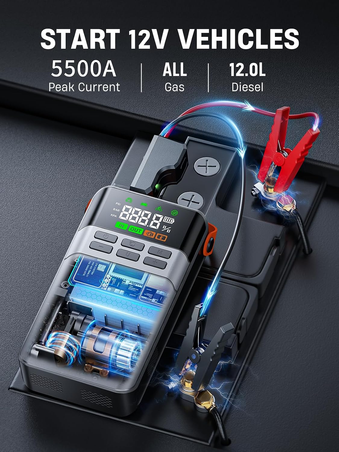 8-in-1 Car Jump Starter with Air Compressor, 5500A Jump Starter (All Gas 12L Diesel) with 150PSI Tire Inflator, 12V Jumper Starter Portable Jump Box with LCD Display,Flashlight (5500A)