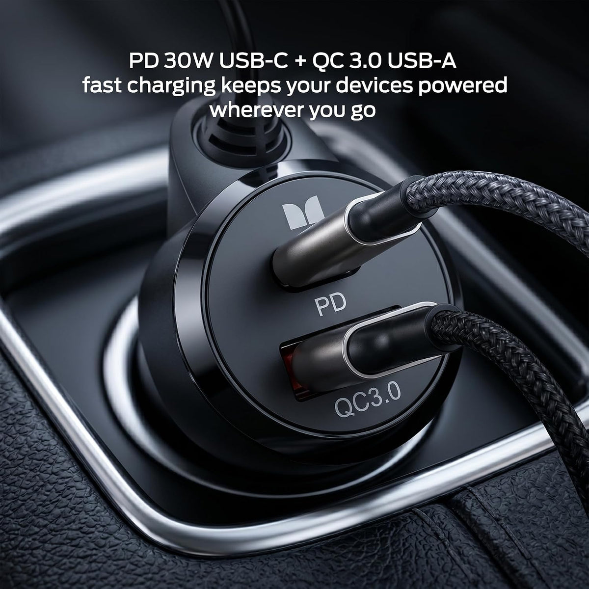 Monster 48W Bluetooth FM Transmitter for Car, Bluetooth Car Adapter with Dual Fast Charger (PD 30W USB-C + QC3.0 USB-A), Car Battery Voltage Display, Hands-Free Calls, Vent Mount, Black