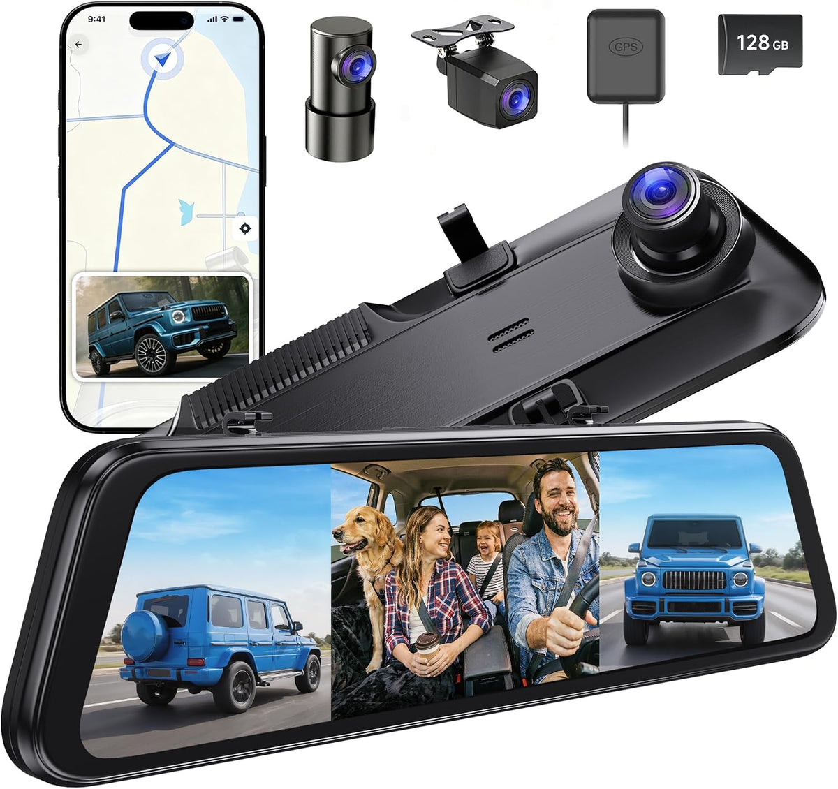 3 Channel 12" Mirror Dash Cam, 4K Front 2.5K Rear and Inside View Camera