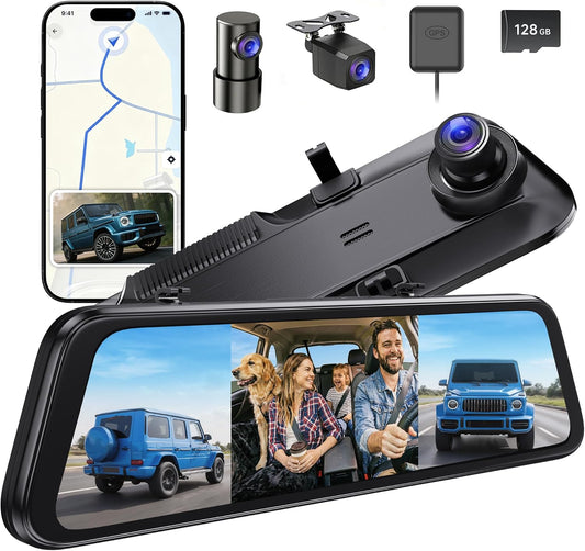 3 Channel 12" Mirror Dash Cam, 4K Front 2.5K Rear and Inside View Camera