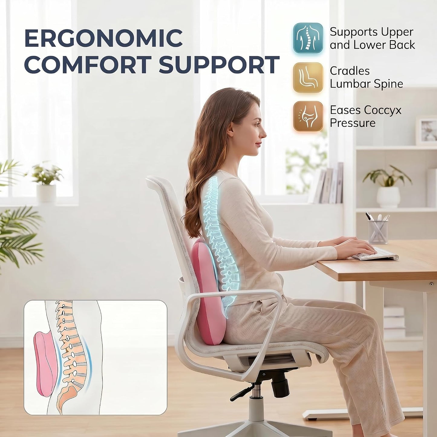 Lumbar Support Pillow, Ergonomic Memory Foam Back Cushion for Car Office Chair Gaming Chair, Washable Cool-Touch Cover for Lower Back Support (Pink)
