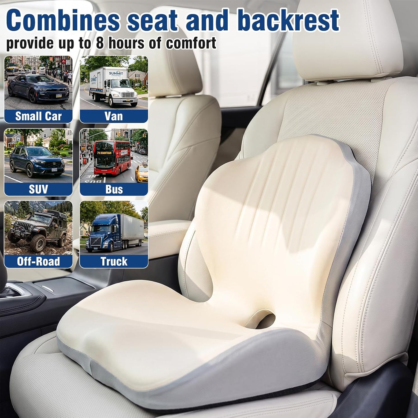 Car Seat Cushion with Lumbar Support Pillow, Memory Foam Office Chair Cushion for Back Pain Sciatica Pain Relief, Ergonomic L-Shaped Seat Cushion for Car Truck Driving Office Chair Home (White Gray)
