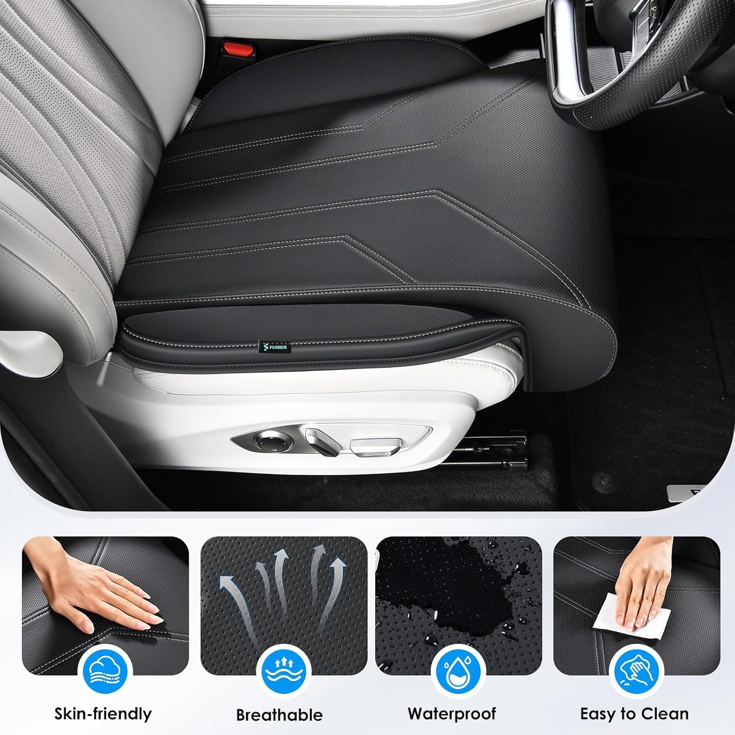 FLORICH Car Seat Extender Leg Support Cushion for Driver Seats Office Chair, Leather Memory Foam Widened seat Cushion for Long Drivers Universal Car Seat Cushion Legs Rest Pads-Deep Black
