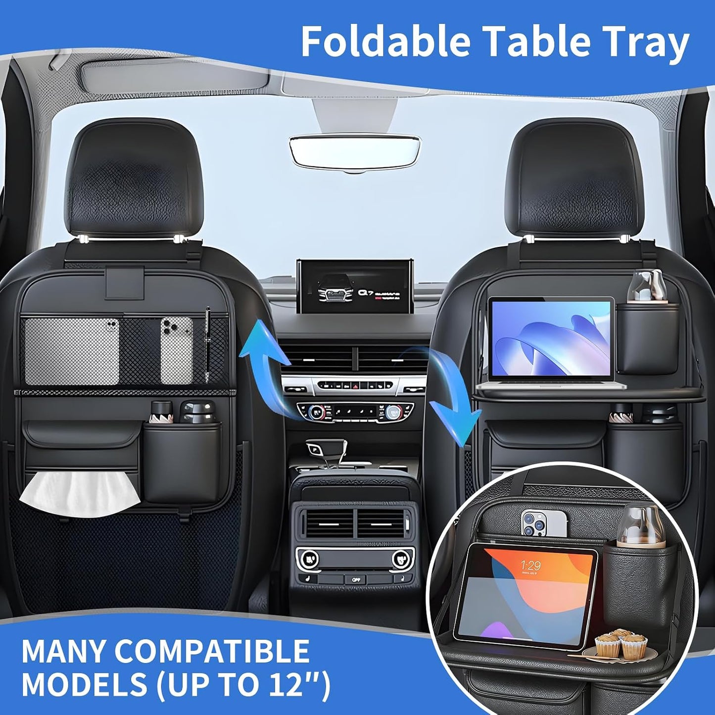 Car Backseat Organizer with Foldable Table Tray,Hanging Storage Bag with Touch Screen Phone Holder,Premium PU Leather Material,Compatible with Most Vehicles,Inner Car Accessories