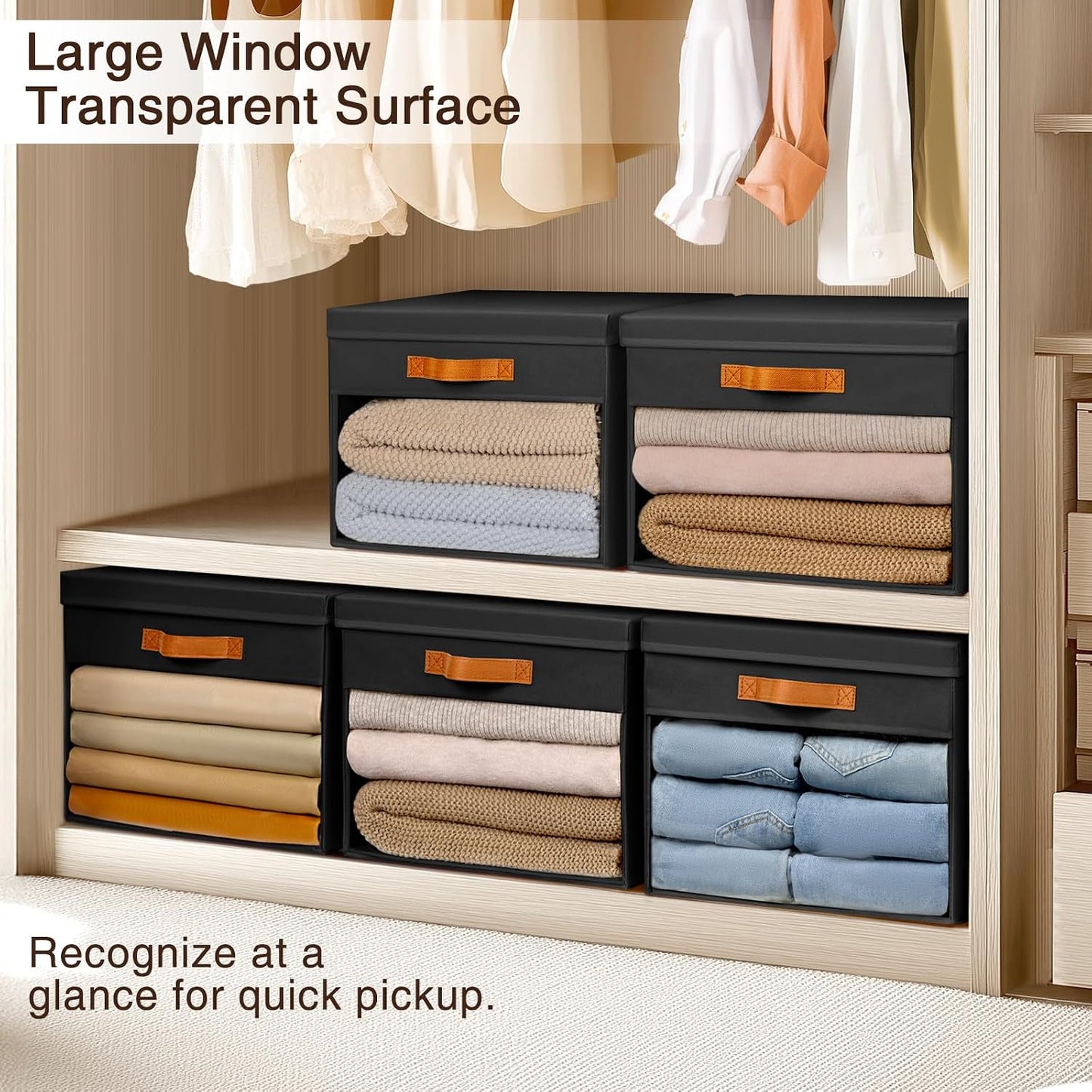 Homsorout Large Storage Bins with Lids - 4 Pack Foldable Decorative Organizers with Clear Windows & Handles, Cube Storage Organizers for Clothes, Blankets, Sweaters, Sheets, Black