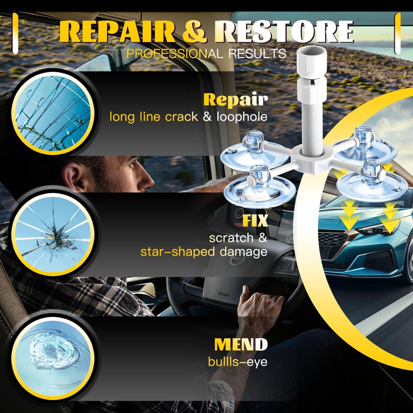 CLAMPER Windshield Crack Repair Kit, Windshield Repair Kit for Chips and Cracks, 4 Pcs Car Glass Repair Kit, Cracks Gone Glass Repair Kit Automotive Quick Fix for Chips, Cracks, Bullseyes (Yellow)