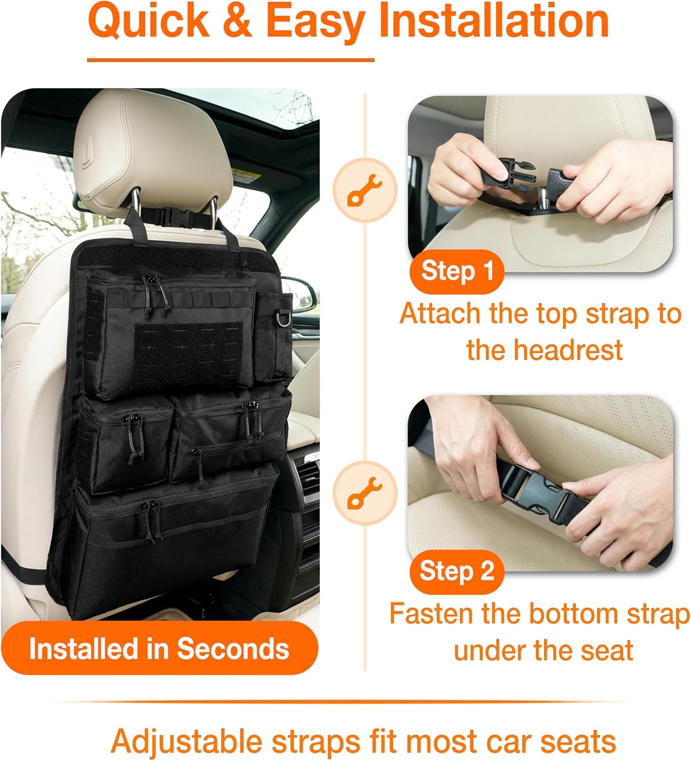 Tactical Car Seat Back Organizer, 600D Nylon MOLLE Seat Organizer with 6 Pockets, Hook and Loop Panel, Universal Fit for Car SUV Truck Jeep, Black