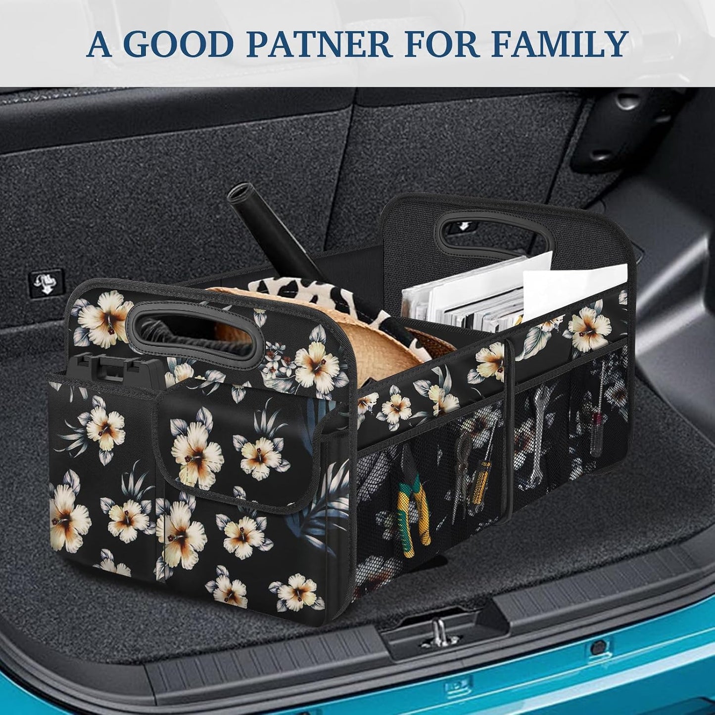 Femuar Car Trunk Organizer, Car Storage Organizer with Large Capacity Waterproof Collapsible Trunk Organizer for Car Suv/Jeep/Sedan (Hibiscus flowers, Standard)