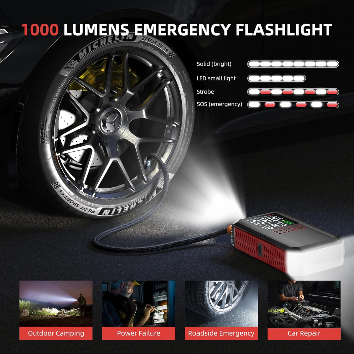5000A Car Battery Jump Starter with Air Compressor 160PSI, Battery Jumper Starter Portable 7.0L Gas/6.0L Diesel, Jumper Cables, Car Battery Charger with Power Bank & Light, Roadside Emergency Kit