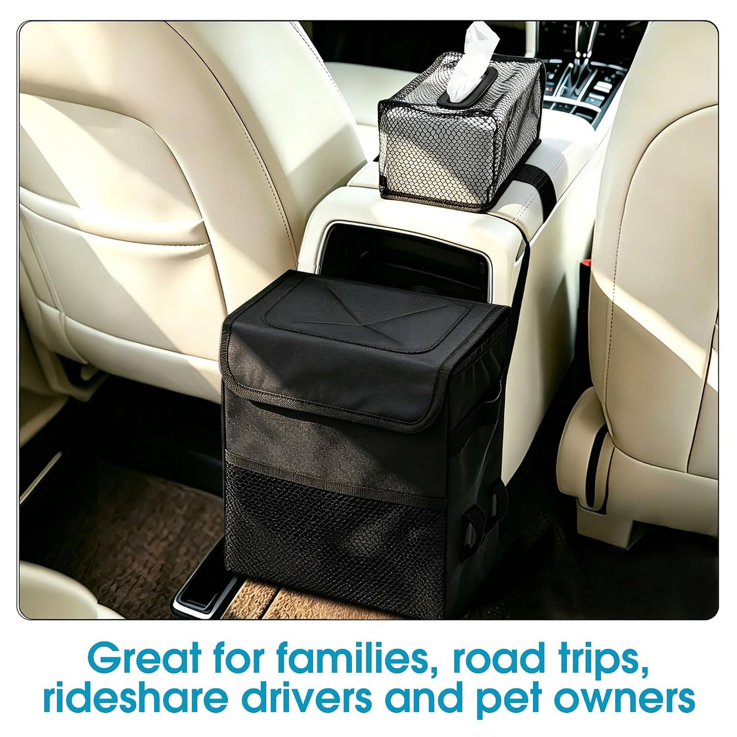 Ryhpez Car Trash Can with Tissue Holder, Leakproof Car Garbage Can with Detachable Car Napkin Holder, Hanging Car Trash Bin for Headrest, Console, Truck, SUV Car Accessories, Black