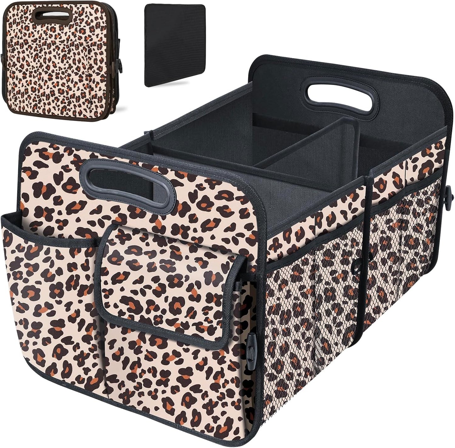 Trunk Organizer, Collapsible Trunk Organizers and Storage, Car Accessories for Women and Men, Multi-Compartment Trunk Storage Organizer for SUV, Car, Mini-Van, Leopard Print