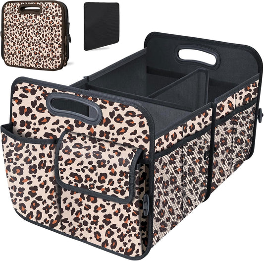 Trunk Organizer, Collapsible Trunk Organizers and Storage, Car Accessories for Women and Men, Multi-Compartment Trunk Storage Organizer for SUV, Car, Mini-Van, Leopard Print