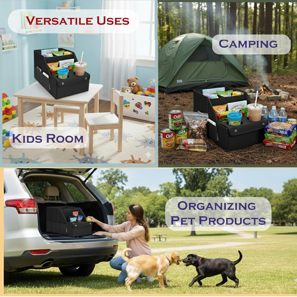 Heavy Duty Back Seat Car Organizer with 11 Adjustable Storage Compartments and 2 Collapsible Cup Holders - Car Seat Organizer for Kids, Travel, Camping & Household Storage