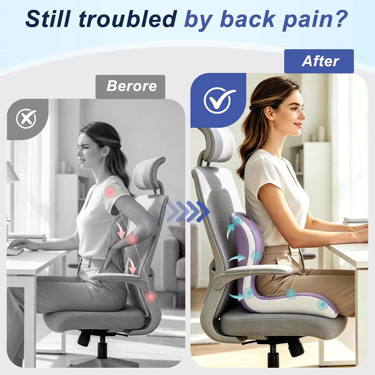 Seat Cushion for Office Chair and Car, Ergonomic Memory Foam Seat Cushion with Lumbar Support Pillow, Orthopedic Cushion for Sciatica & Back Pain, Purple & Light Gray