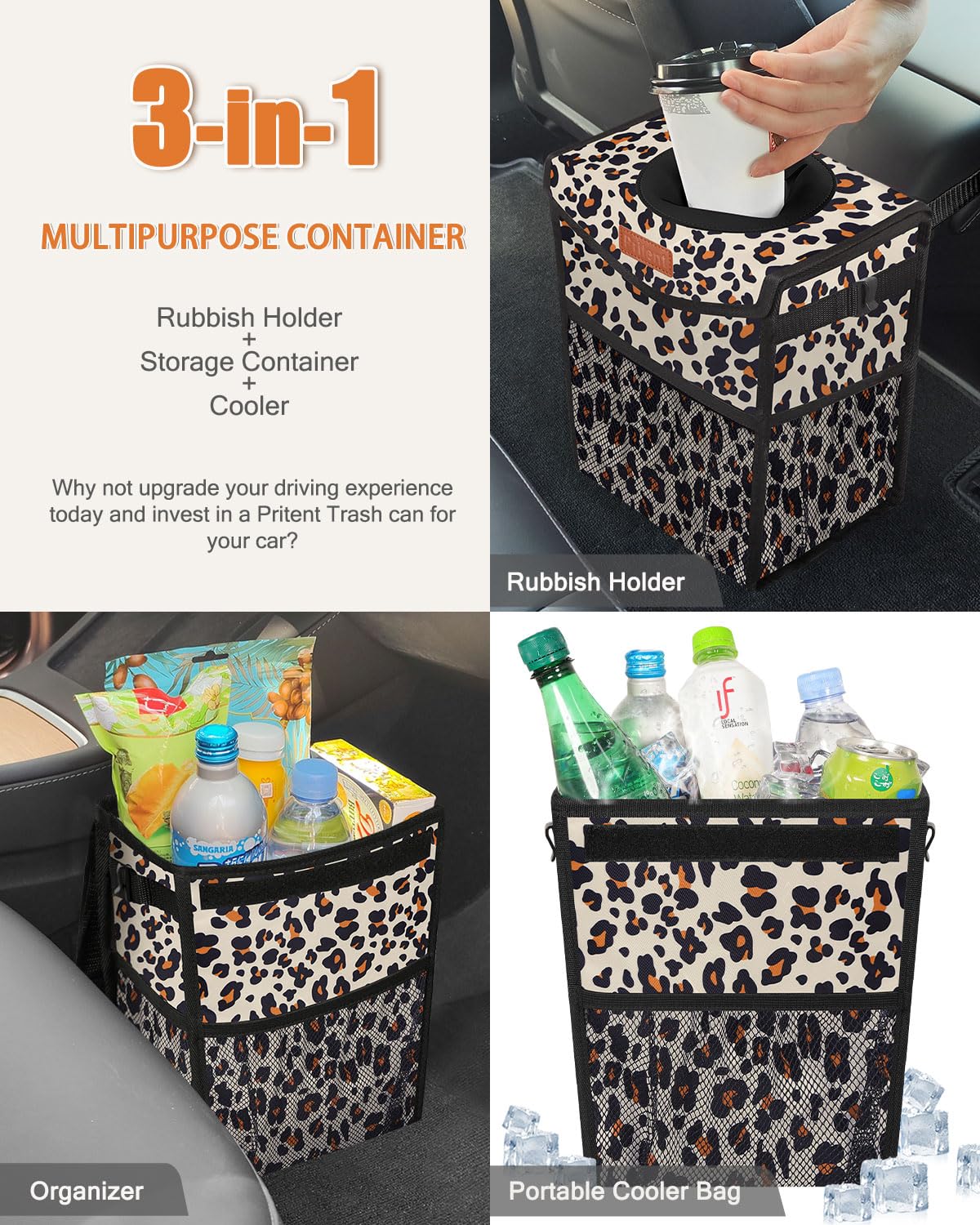 Pritent Car Trash Can with Lid Leakproof Car Garbage Bag Vehicle Trash Bin