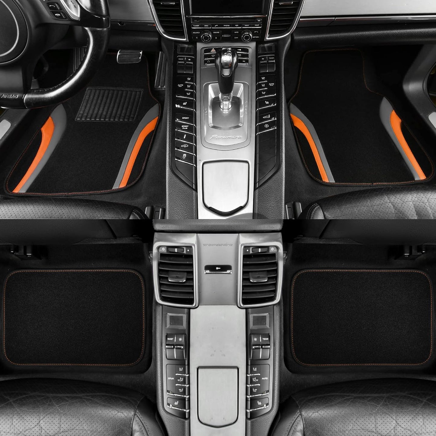 CAR PASS Leather Sporty Car Floor Mats Carpet, Universal Waterproof Automotive Floor Mat Fit for Sedans, Cars, Mid Trucks, Vans, SUV, Set of 4 (Black and Orange)