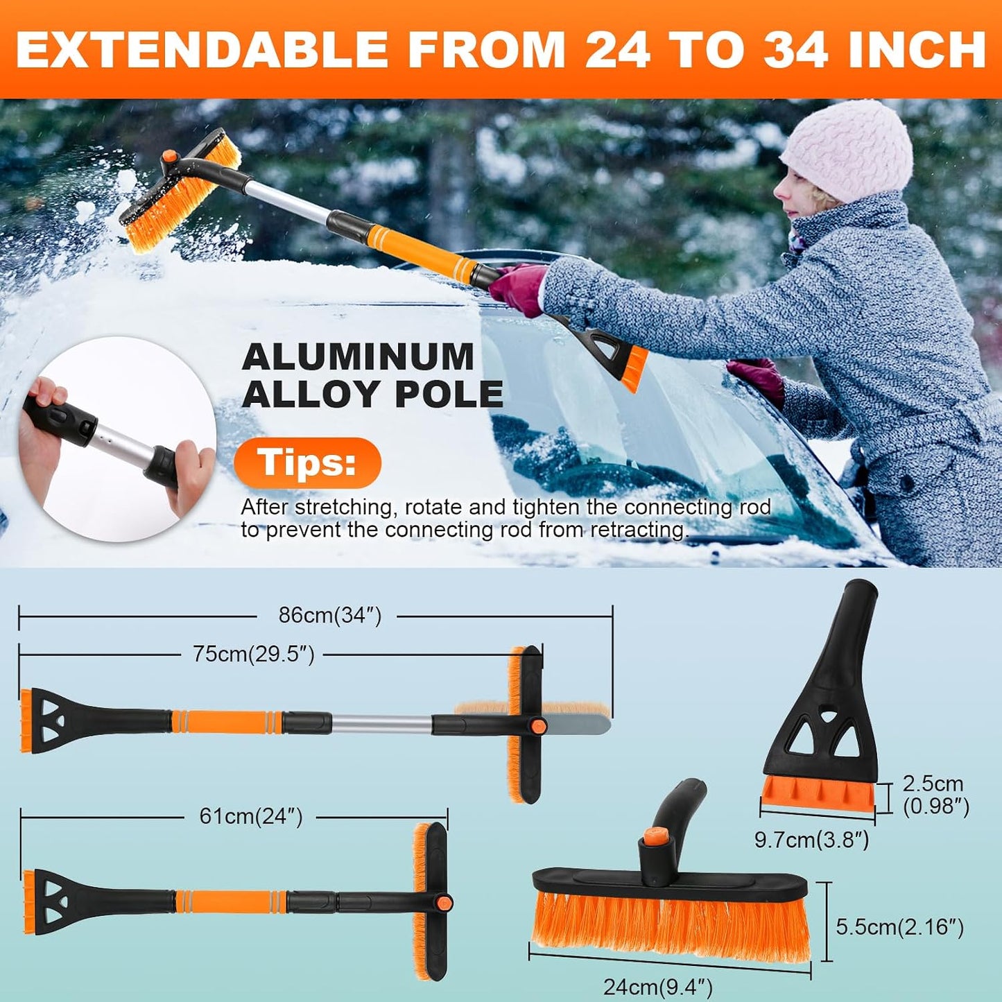 BFONS Ice Scrapers for Car Windshield, 2-in-1 Snow Scraper and Snow Brush for Car SUV Truck, Car Ice Windshield Scraper for Ice and Snow with 360° Pivoting Brush and Ergonomic Foam Grip Orange