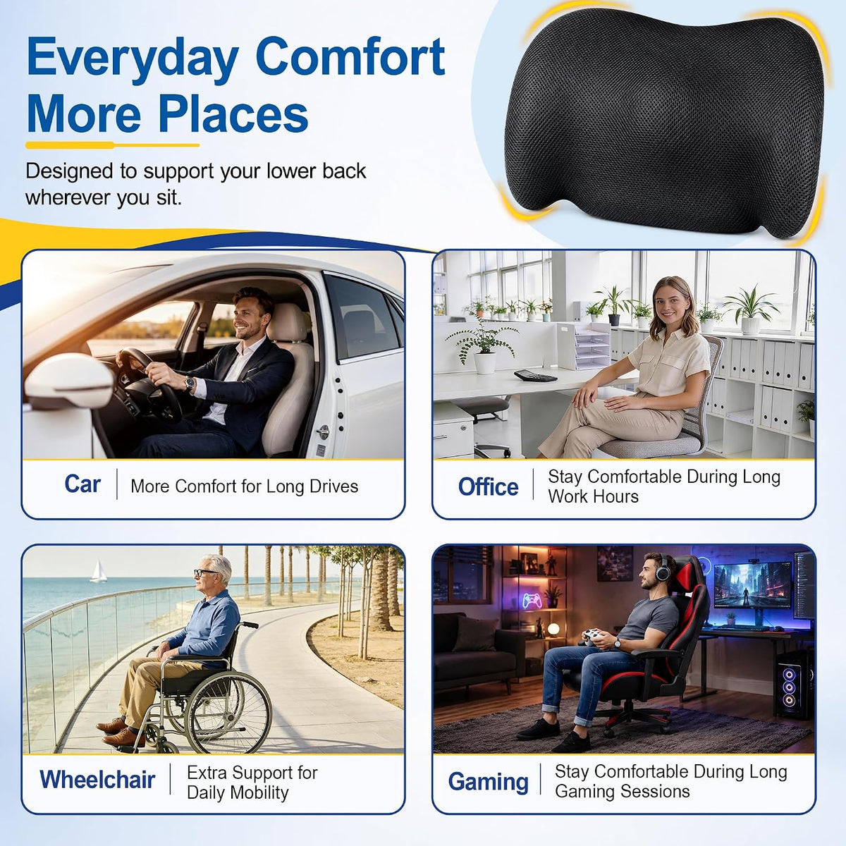 Lumbar Support Pillow for Car, Back Support Cushion for Office Chairs