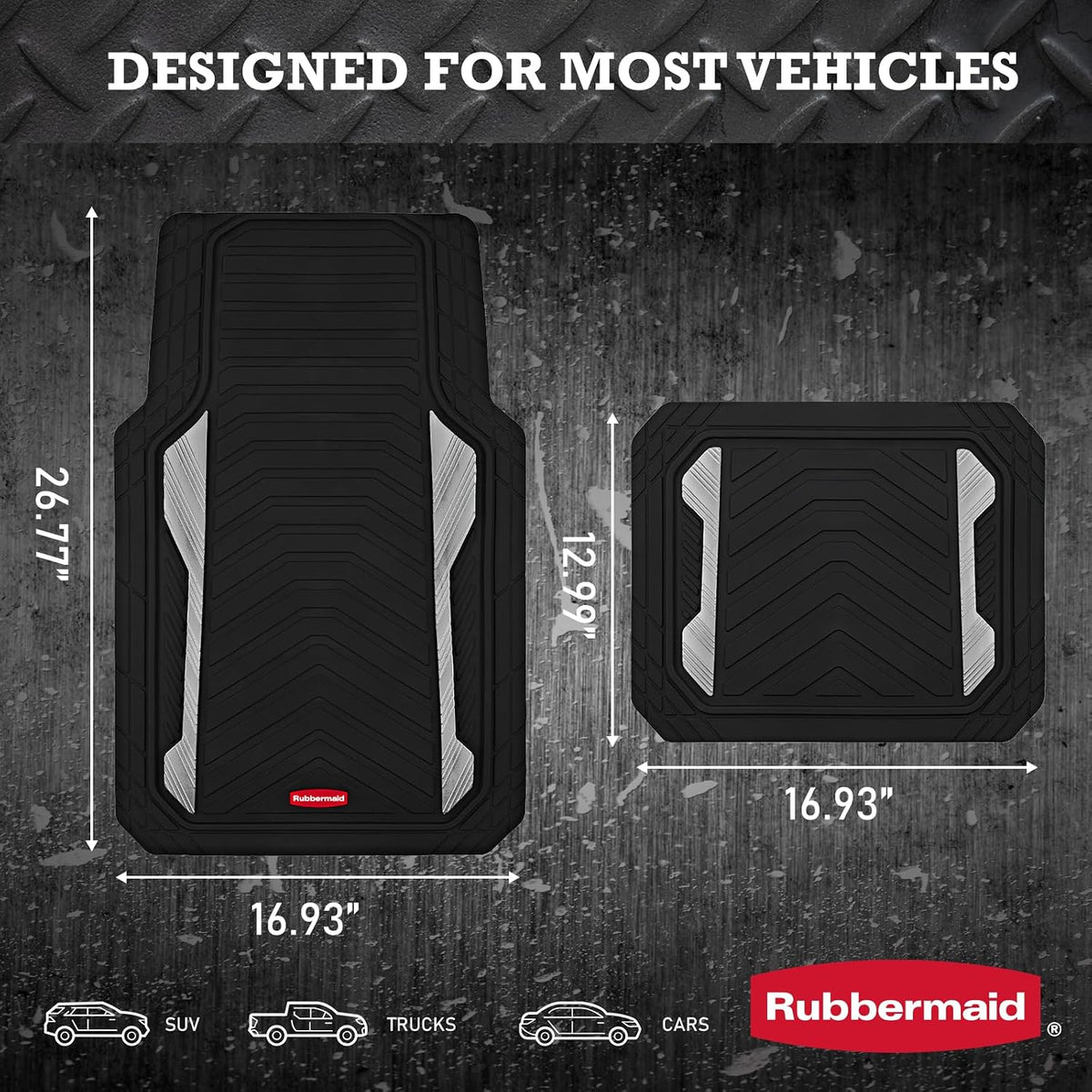 Rubbermaid Car Floor Mat, Heavy Duty All-Weather Car Mats Full Set with Dual-Tone Sliver Aluminum Inserts – Universal Fit, Anti-Slip Backing, Trim-to-Fit for Most SUV, Sedan, Van