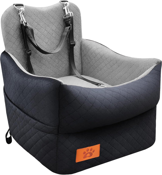 Elevated Dog Car Seat for Small & Medium Dogs Up to 35lbs - Washable Memory Foam Portable Dog Booster Seat, Senior & Puppy Pet Travel Bed for Car (Black/Grey)
