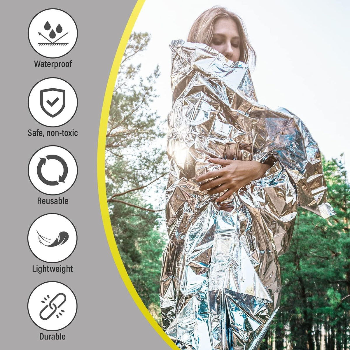 Survival Blankets - Waterproof & Windproof Emergency Cover, Reflective Exterior - Helps Retain Body Heat - 12 Microns, Compact & Lightweight - 5-Pack, 4 Silver, 1 Gold - 52x82”, 2oz